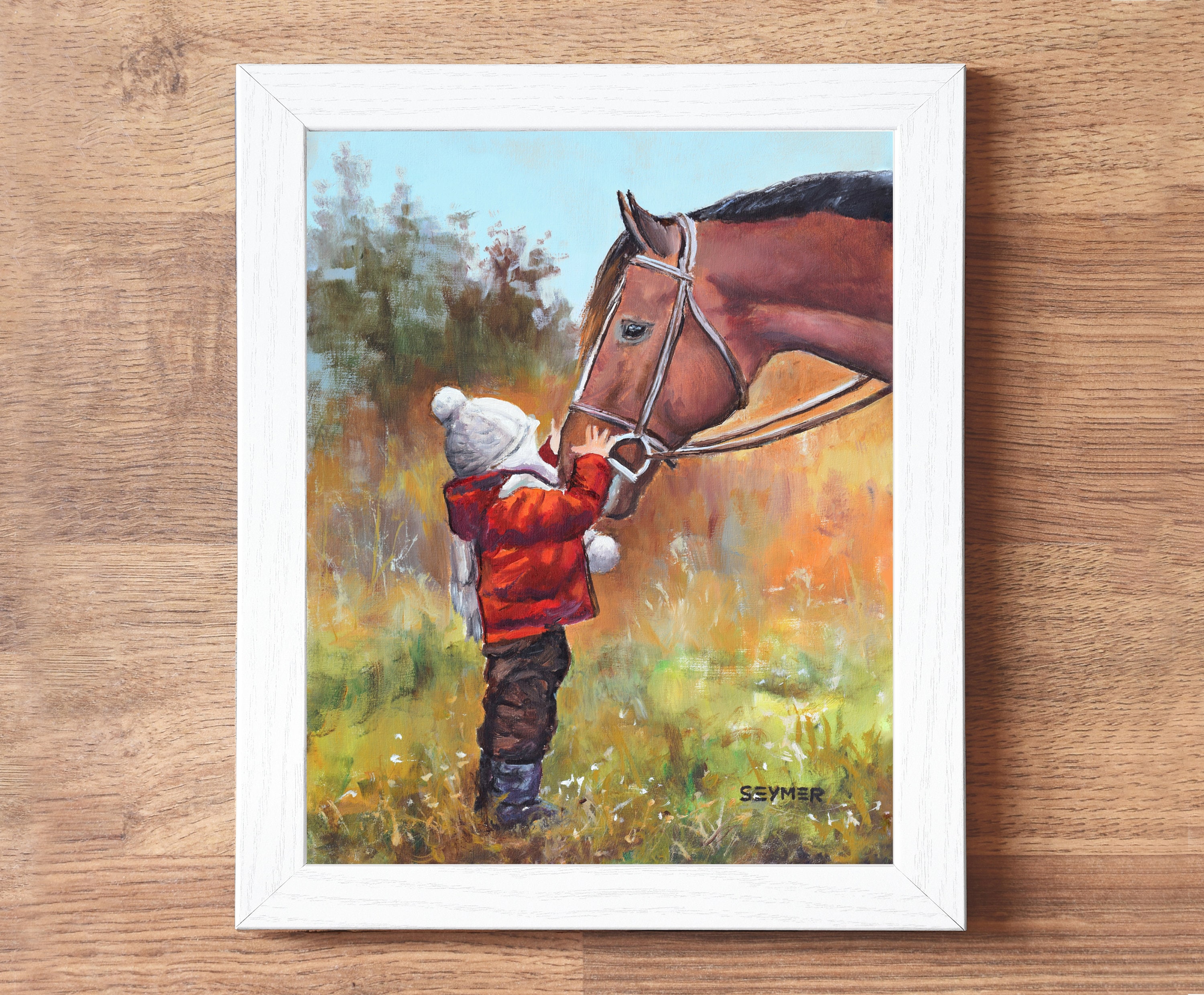 抽象的な油彩画 子供と馬 子供用オリジナル油絵 茶色の馬 カントリー風ホームデコレーション 額