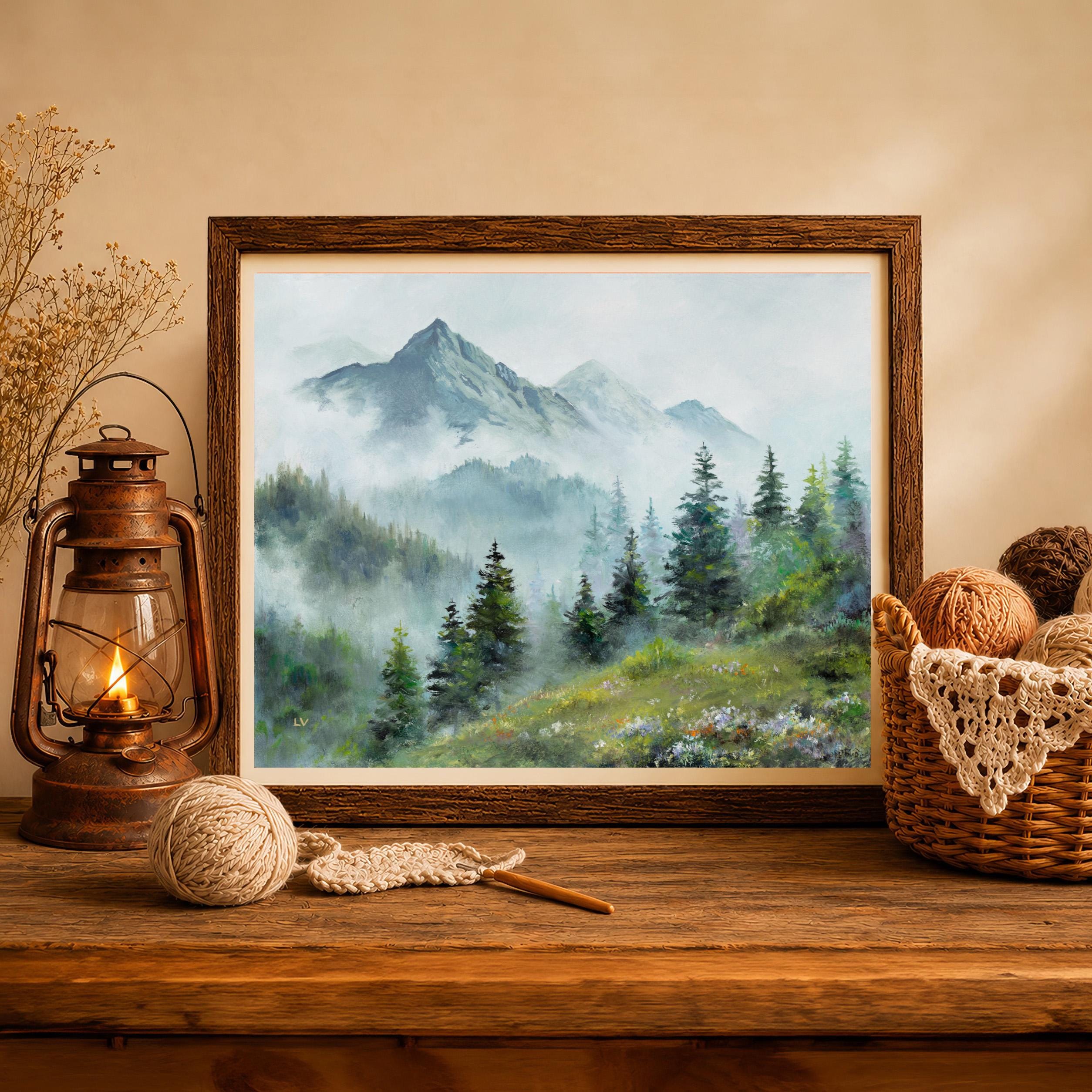 Spruce Tree Foggy Landscape Art PRINT, Canadian Mountains Artwork