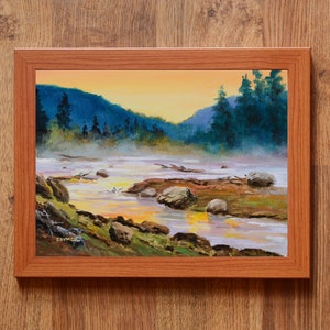 Original river painting, Madison river art, Yellowstone national park wall art, Rustic country art, Cabin decor, Montana landscape artwork Brown frame
