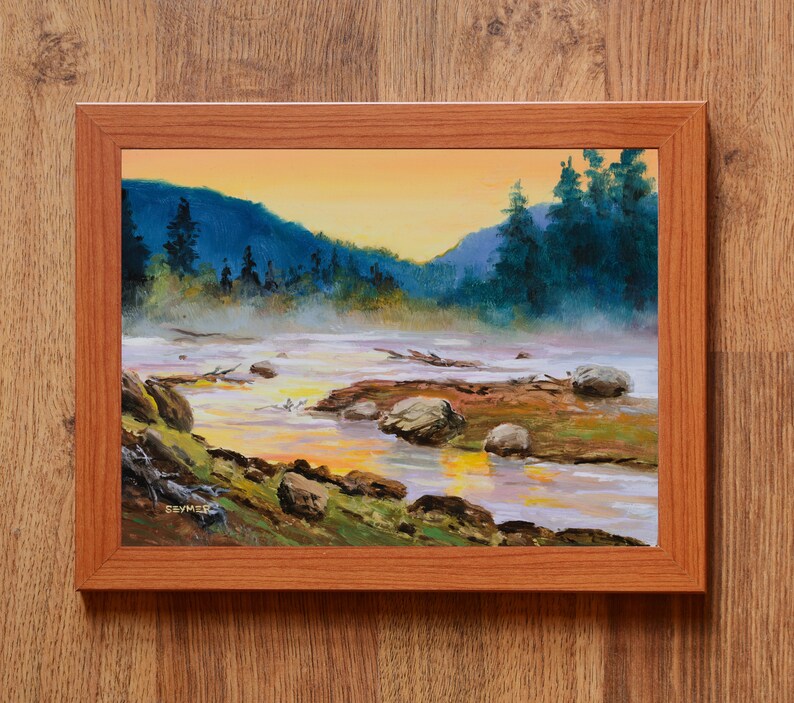 Original river painting, Madison river art, Yellowstone national park wall art, Rustic country art, Cabin decor, Montana landscape artwork Brown frame