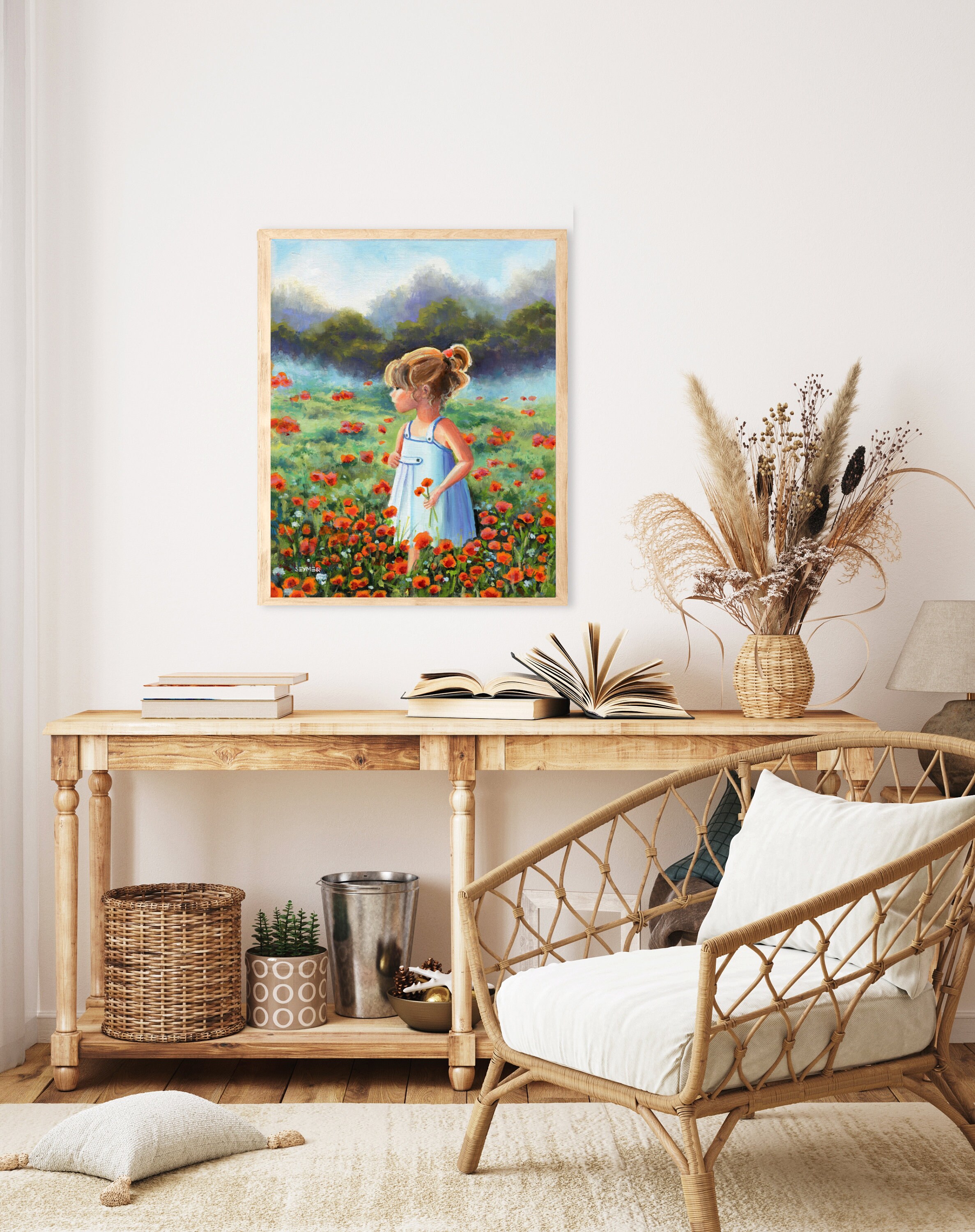 小さな女の子の絵 プリント 子供の油絵 野原の少女 小さな女の子の田舎