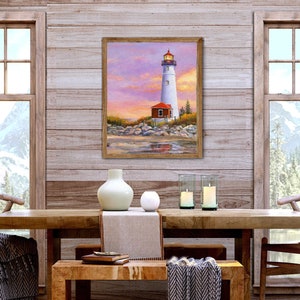 Lighthouse ORIGINAL painting, Sunset beach art framed, Crisp point lighthouse fine art, Seascape wall art Beach house decor Nautical artwork image 6