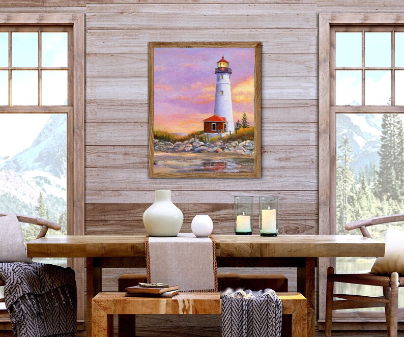 Lighthouse ORIGINAL painting, Sunset beach art framed, Crisp point lighthouse fine art, Seascape wall art Beach house decor Nautical artwork image 6