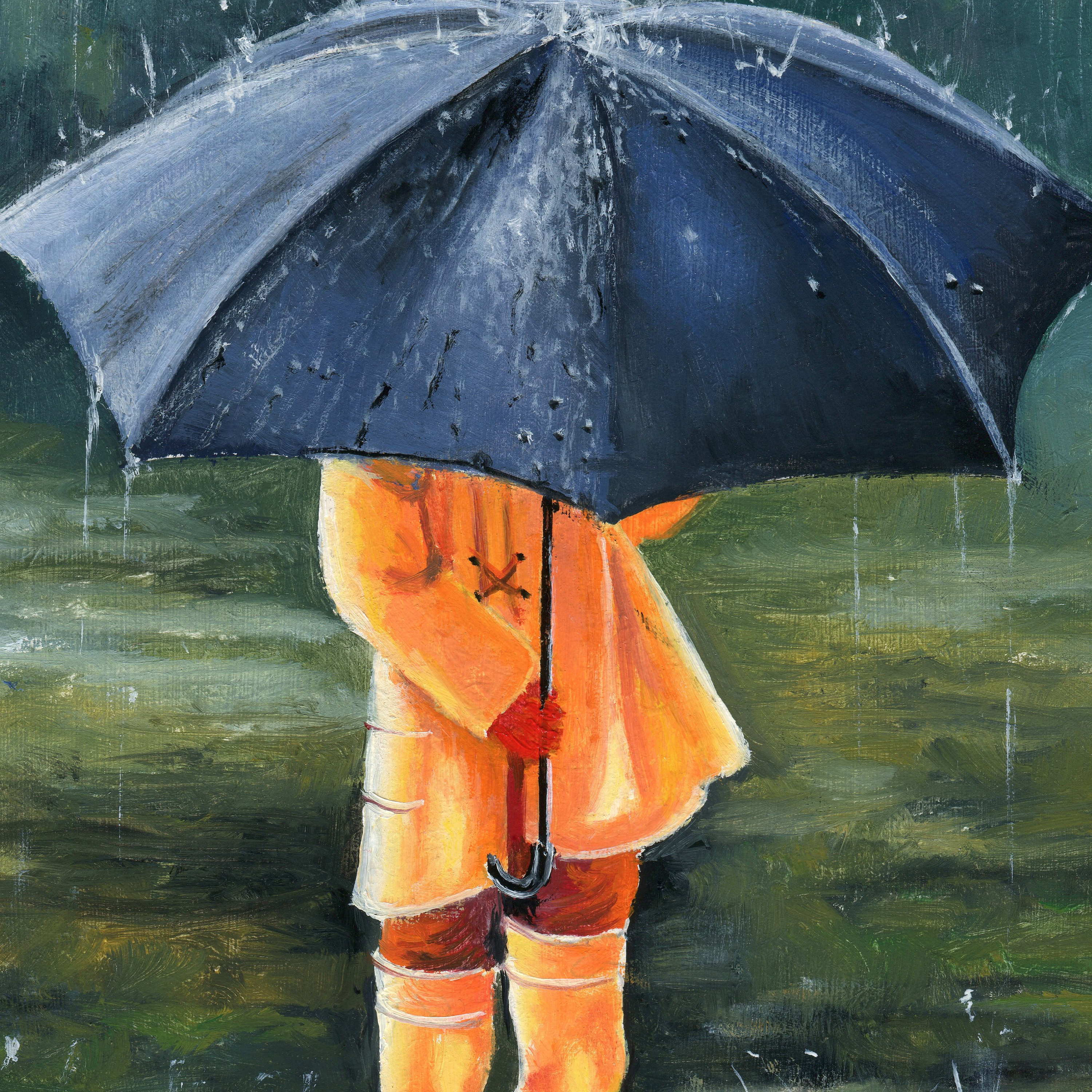 傘を持った男の子のオリジナル絵画、雨の日のアート作品、小さな男の子