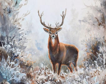Large deer oil painting, ORIGINAL elk painting for wildlife living room, Stag deer drawing, Snowy scenery, Rustic cabin wall art, Deer gift