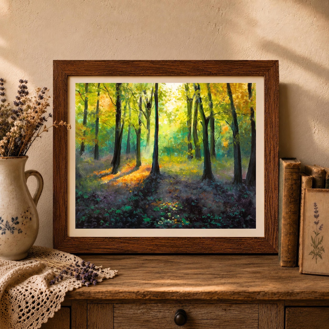 Forest Painting PRINT, Woods Landscape Colorful Tree Misty Light