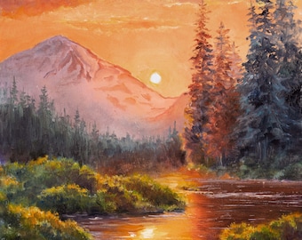 スプルースの森のオリジナル油絵、川と山のアート作品、晴れた夕日の