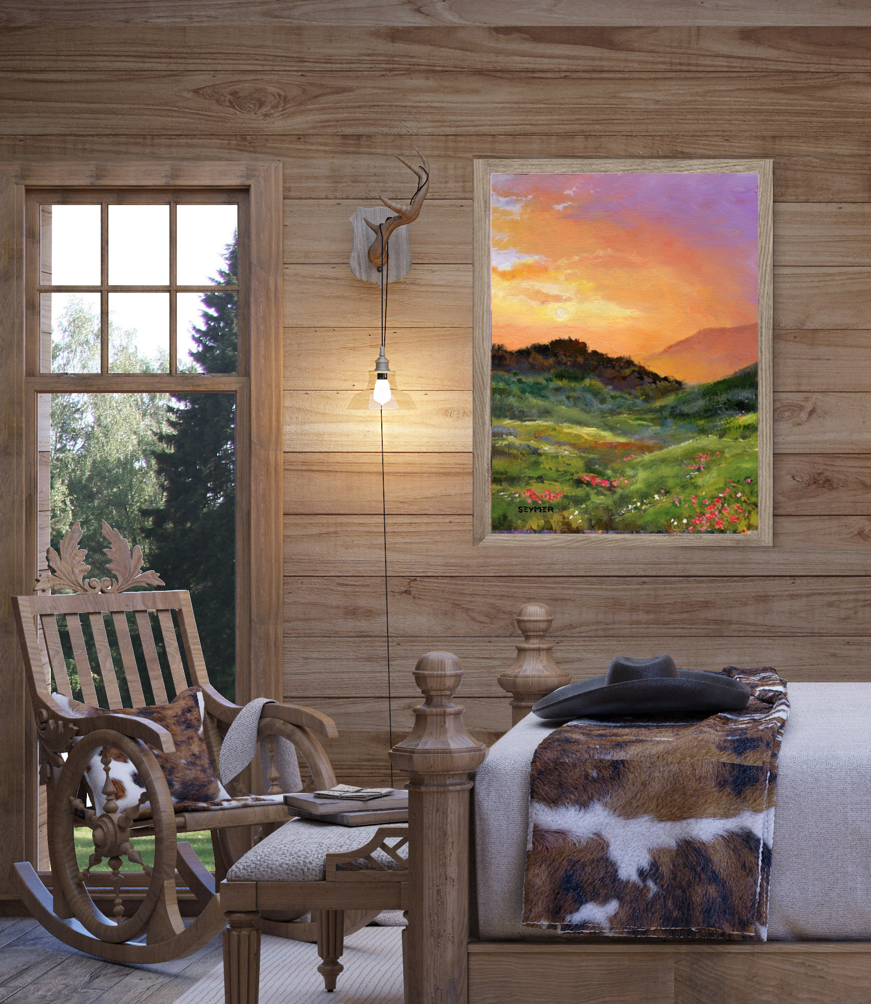 夕日の風景油絵オリジナル、額装された田園風景画、モダンな農家風絵画