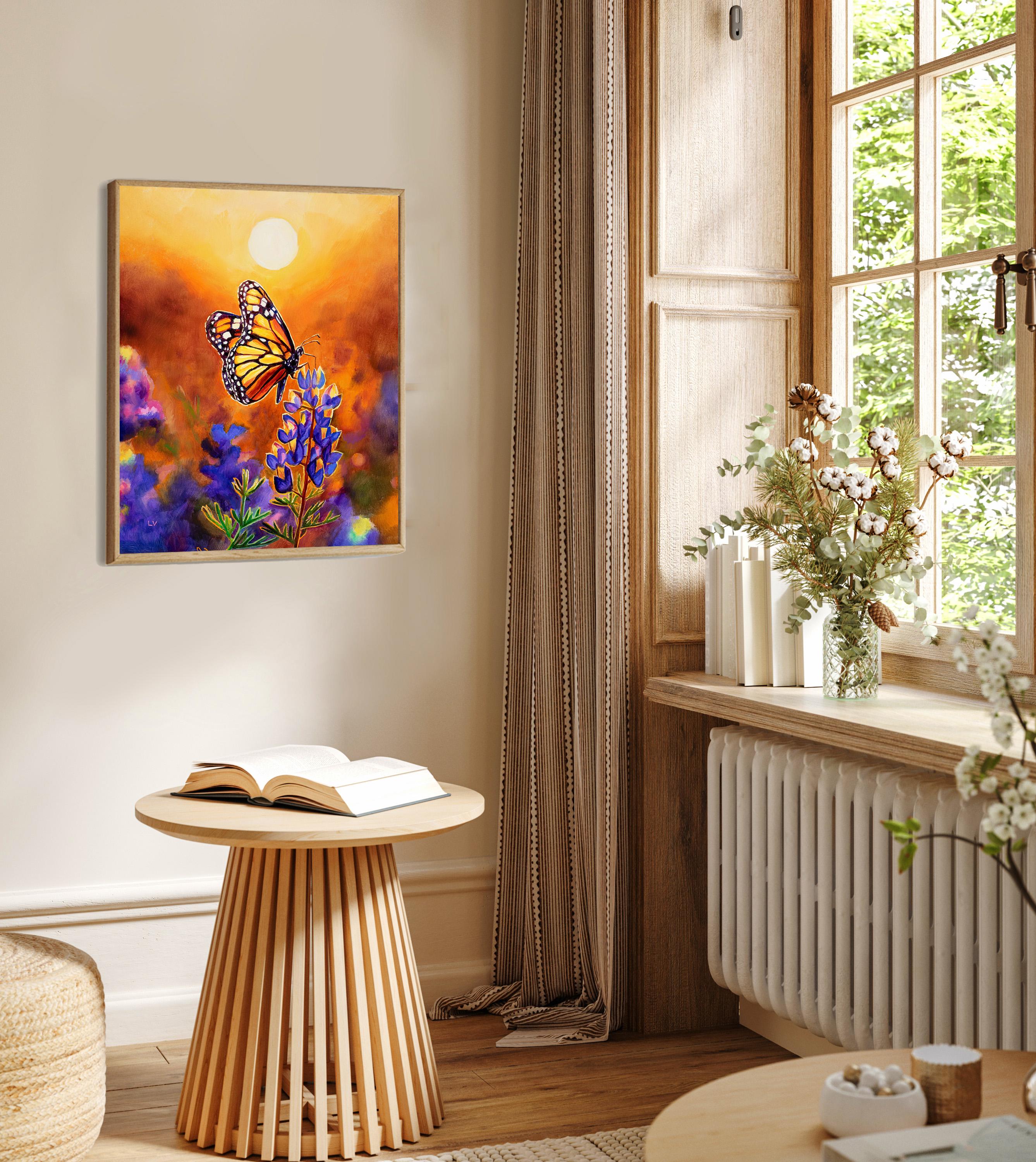 花の上の夕焼けの蝶のアートプリント、オオカバマダラの油絵、テキサス