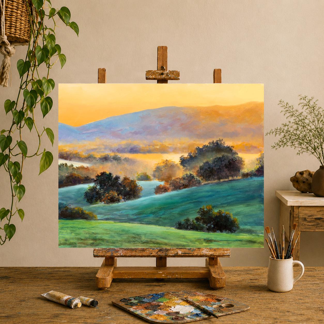 Green Field Landscape ORIGINAL Oil Painting, Foggy Sunrise English