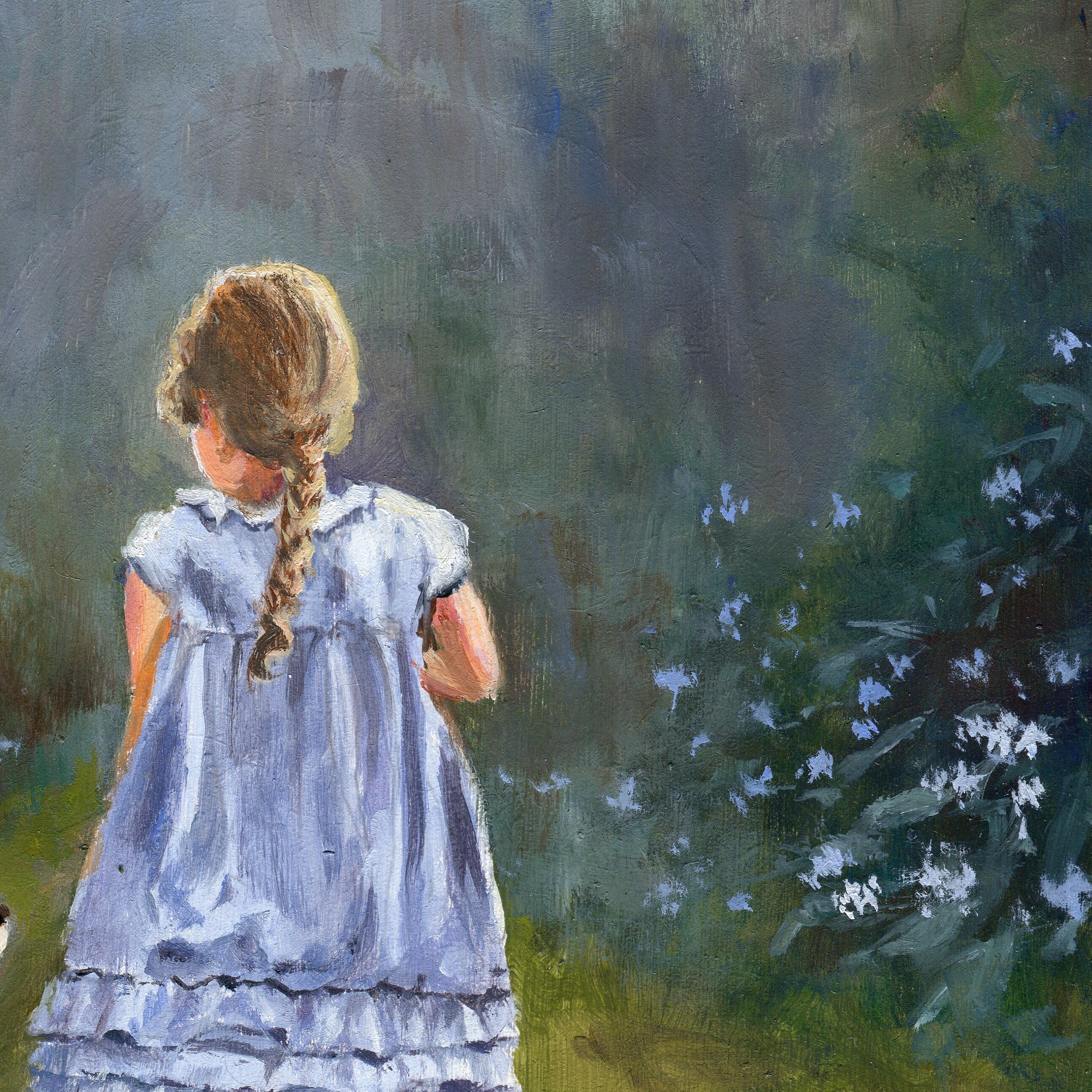 小さな女の子のオリジナル絵画、ビーグル犬のヴィンテージアート、動物