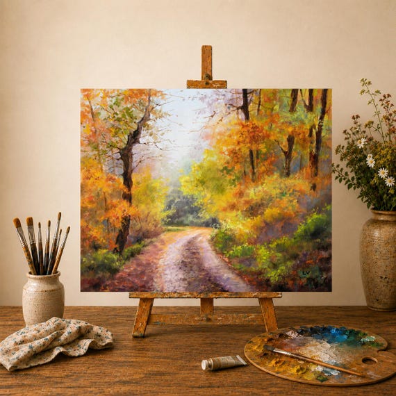 Autumn Forest ORIGINAL Painting, Fall Landscape Warm Colors, New