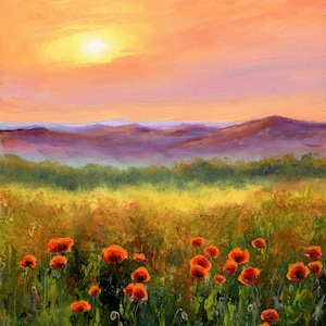Poppies landscape ORIGINAL painting, Wildflowers framed oil painting, Country and farmhouse decor, Poppies lovers gift, Vintage painting