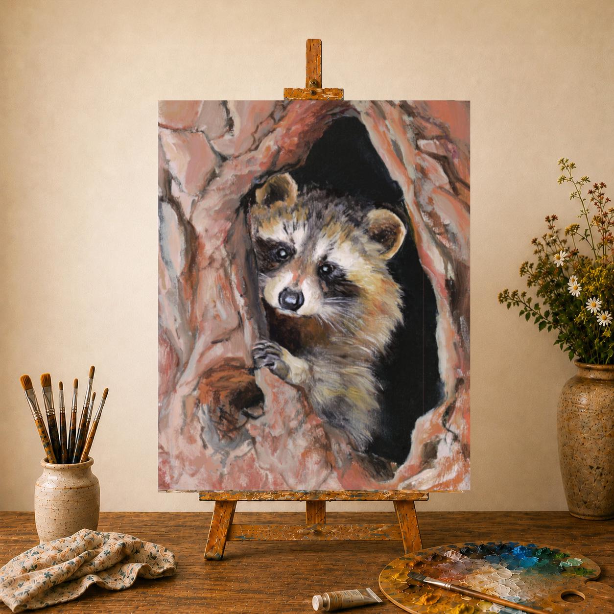 かわいいアライグマの油絵、森のアライグマのオリジナルアート、額装