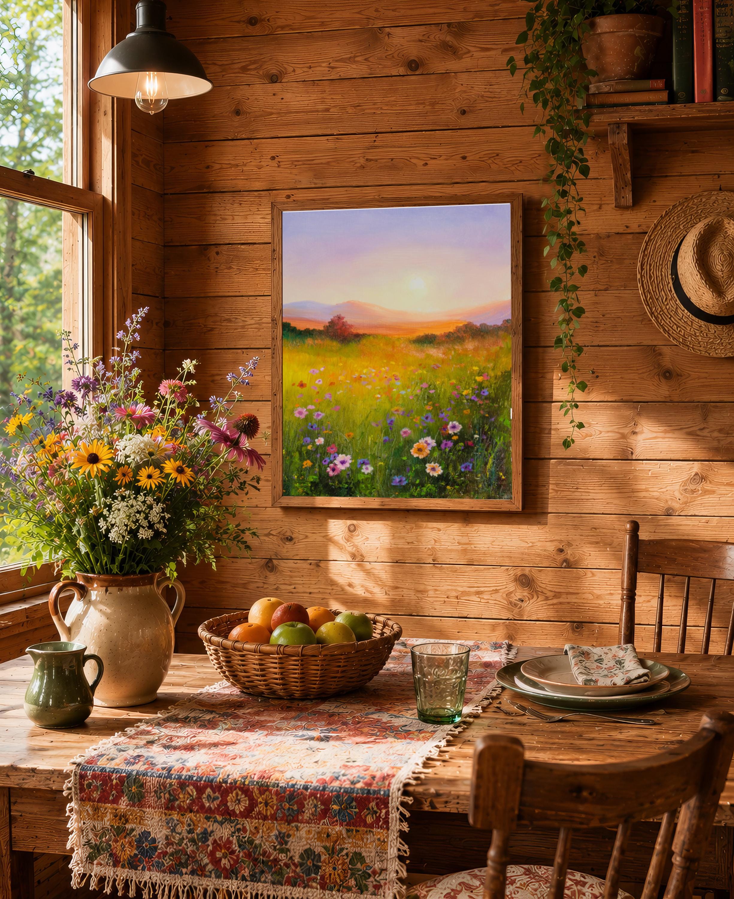 Meadow Landscape Painting ORIGINAL, Living Room Decor Floral Oil