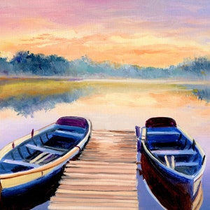 ORIGINELE boot kunst ingelijst, nautisch olieverfschilderij, zonsondergang meer landschap kunst aan de muur, meerhuis en hut decor, pier ontspannen leven vissersboot