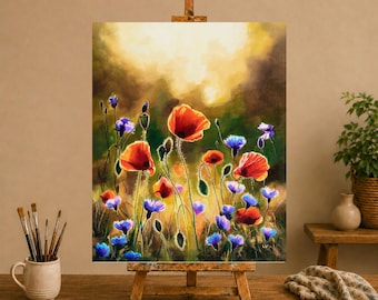 ORIGINAL Poppy Field Oil Painting, Framed Spring Wildflowers