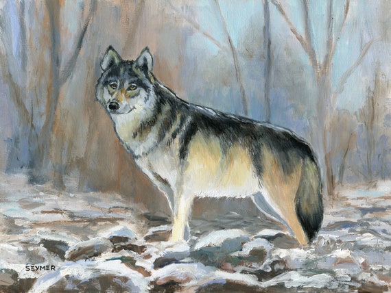 冬の風景の中の狼の油絵、野生動物のオリジナルアート、野生動物 冬の風景の中の狼の油絵、野生動物のオリジナルアート、野生動物