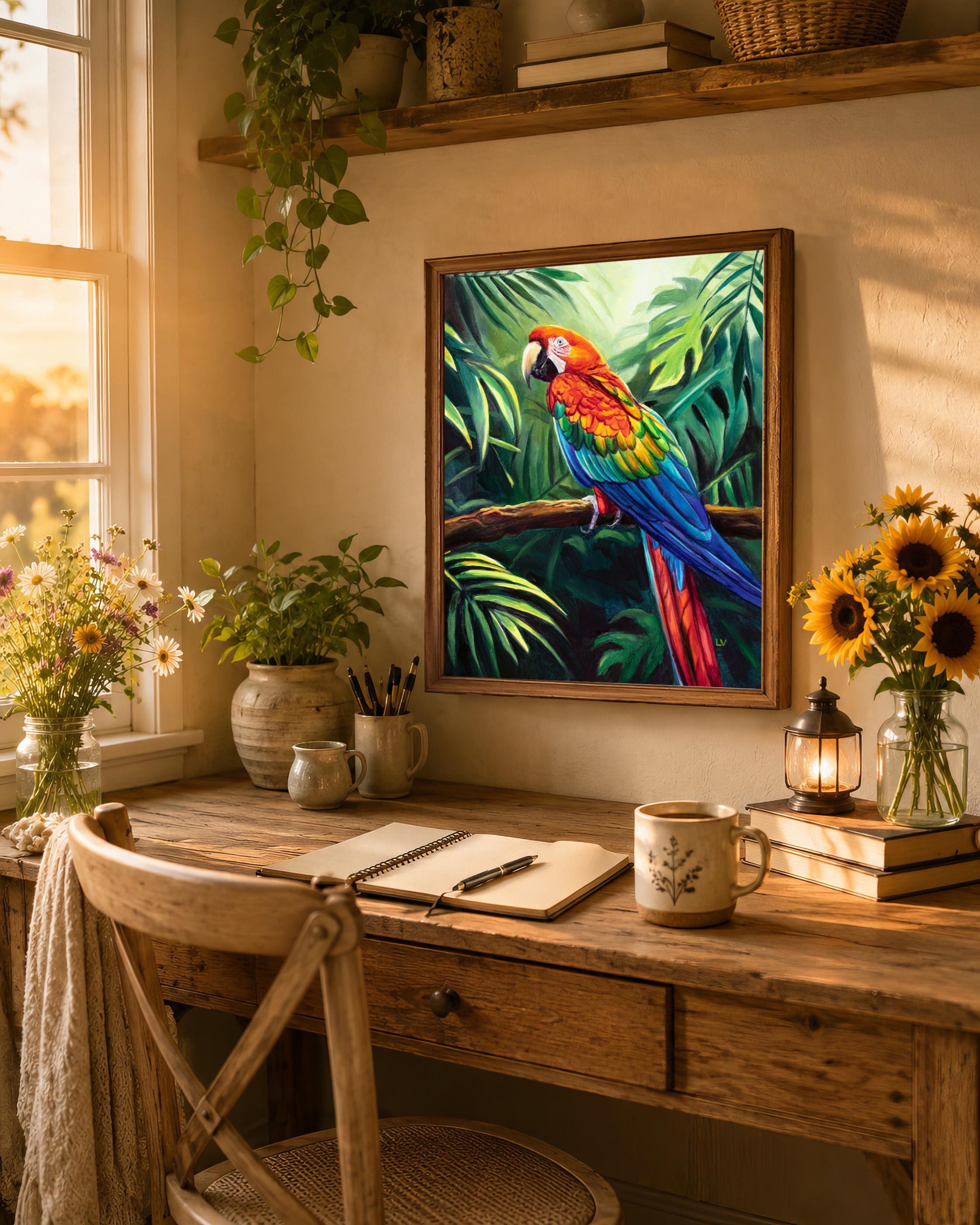 Red parrot ORIGINAL oil painting, Jungle macaw portrait, Tropical