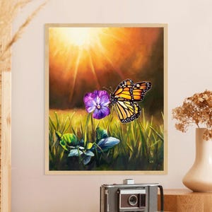 Monarchfalter Schmetterling und lila Blume DRUCK, Stiefmütterchen Wand Kunstdruck, Blumeninsekten Plakat, Wiese Landschaftszeichnung, Gärtner Geschenk Naturliebhaber