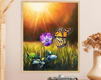 Monarchfalter Schmetterling und lila Blume DRUCK, Stiefmütterchen Wand Kunstdruck, Blumeninsekten Plakat, Wiese Landschaftszeichnung, Gärtner Geschenk Naturliebhaber