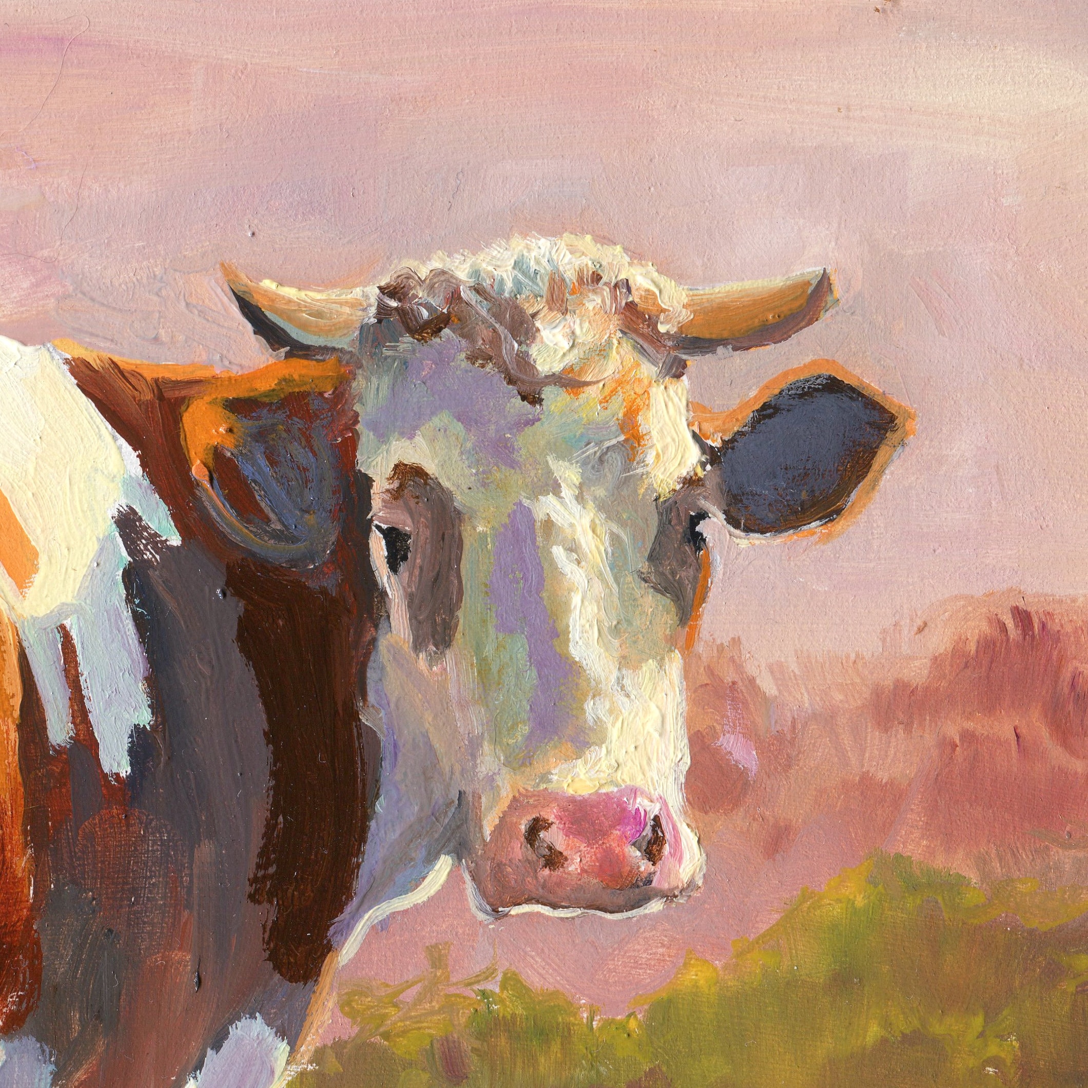 牛の絵、農家風オリジナル作品、牛のいる風景、乳牛の牧草地のアート