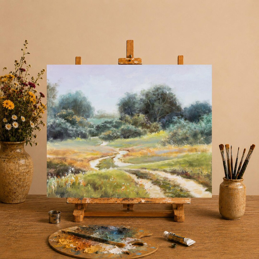 田園風景、柔らかな色調、オリジナル絵画、夏の田園風景、田舎道、丘