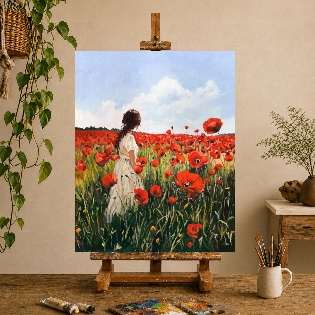 ケシ畑の女性オリジナル絵画、手描きの花を持つ少女の肖像画、赤い花の