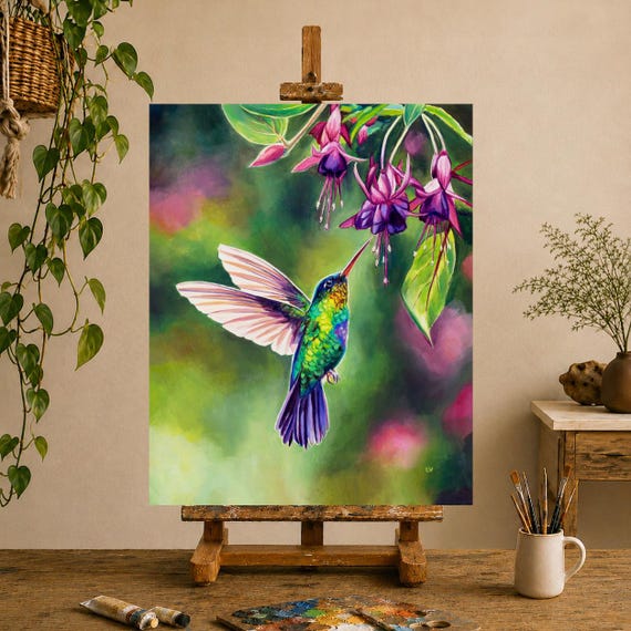 Fuchsia flowers and hummingbird oil painting, Tropical bird