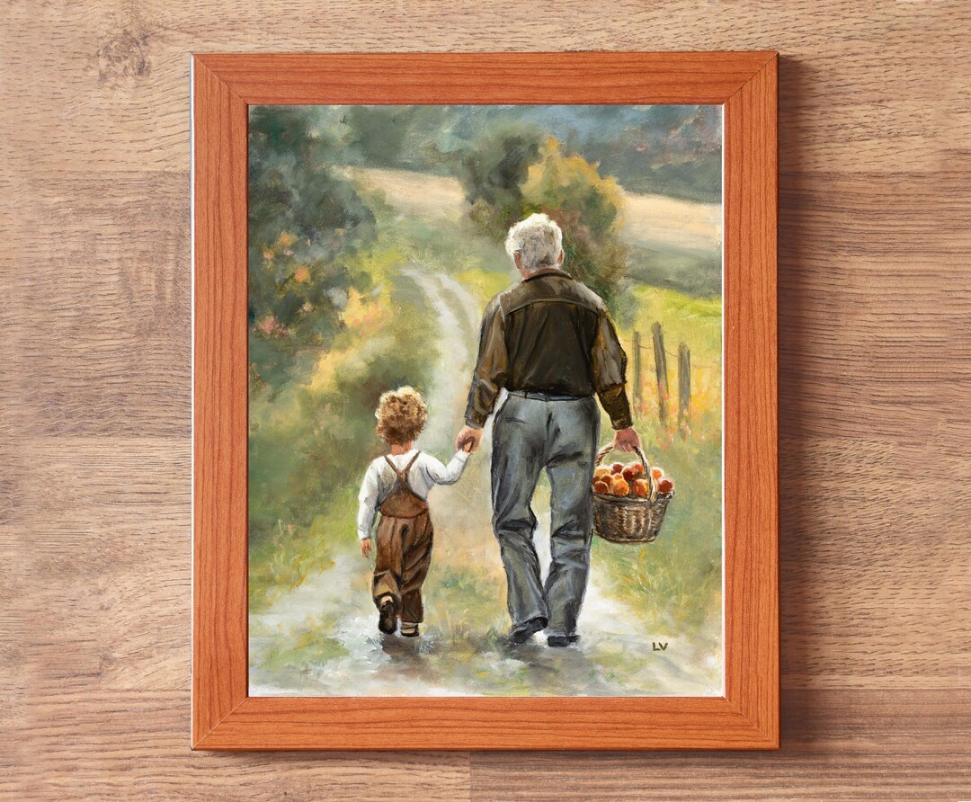 Grandfather With Grandson ORIGINAL Painting, Farm Country Road, Family