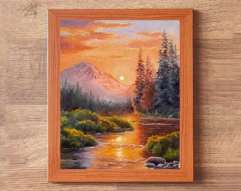 スプルースの森のオリジナル油絵、川と山のアート作品、晴れた夕日の