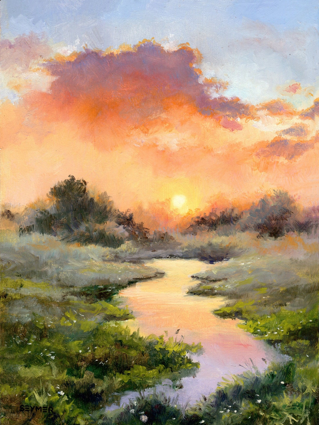 絵画　手書き油絵　川の風景　0号 霧のかかった川の風景 オリジナル油絵、空と雲と夕日のアート、霧の