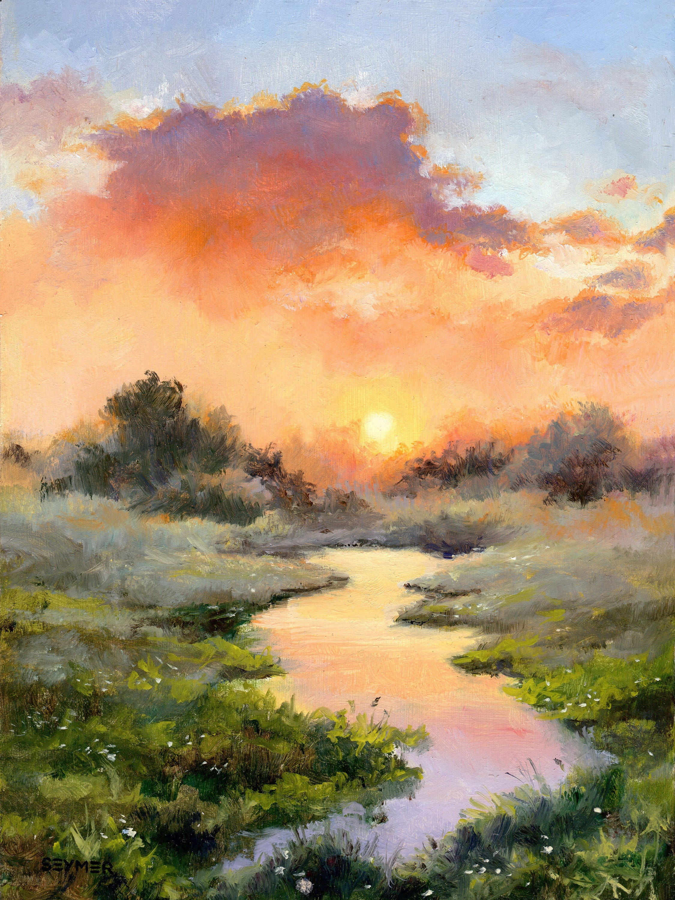 Misty River Landscape ORIGINAL Oil Painting, Sky Clouds Sunset Art, Foggy  River Mini Artwork Framed, Farmhouse Wall Decor, Cottagecore Art 
