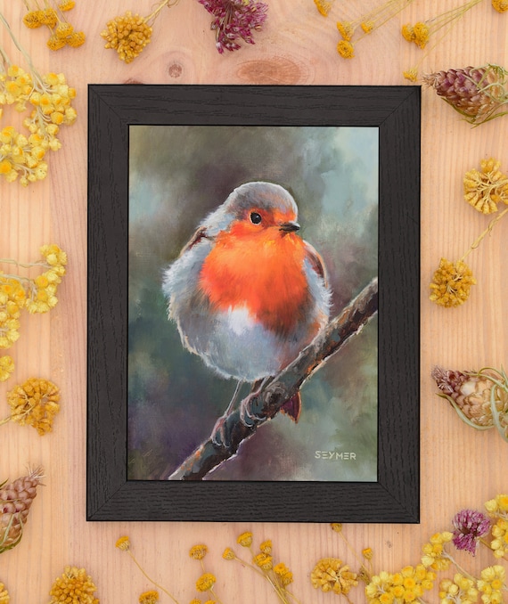 額入りロビン鳥の絵画、リアルな鳥の油絵、赤い鳥のオリジナルアート