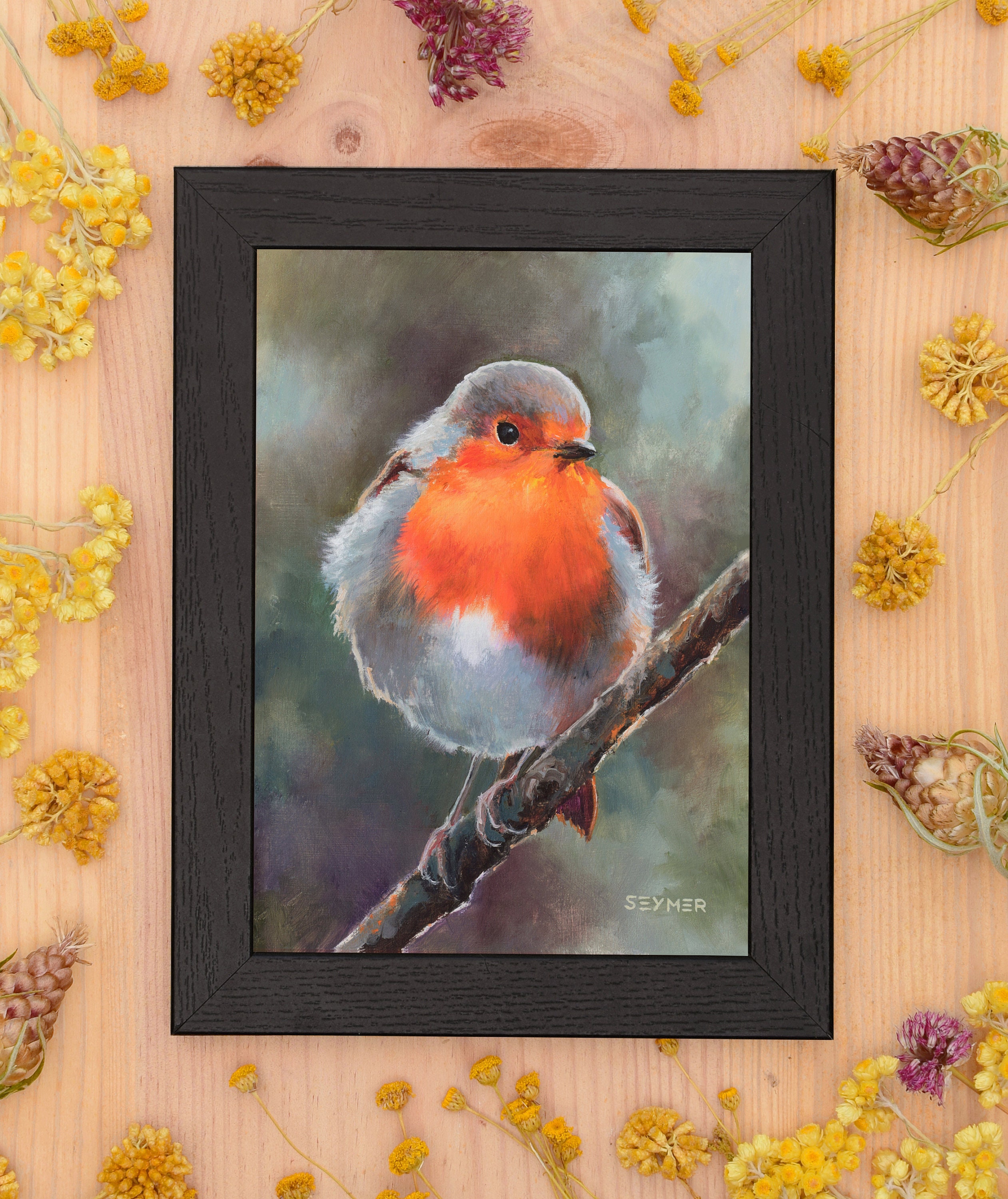 ロビン鳥の絵画額入り、リアルな鳥の油絵、赤い鳥のオリジナル