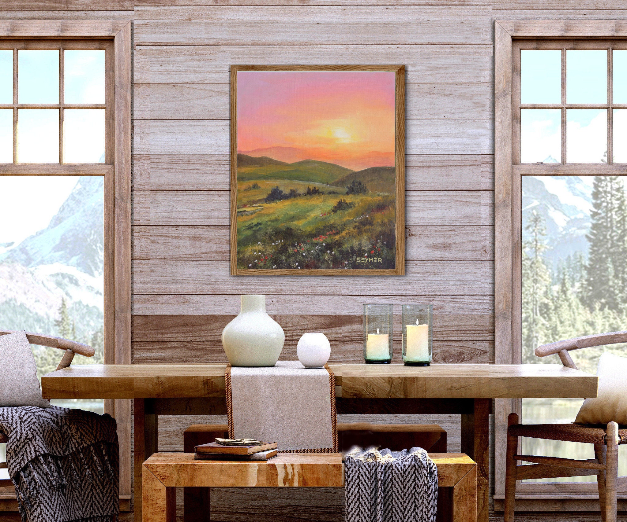 Countryside Landscape Art PRINT, Mountains Field Flowers Painting