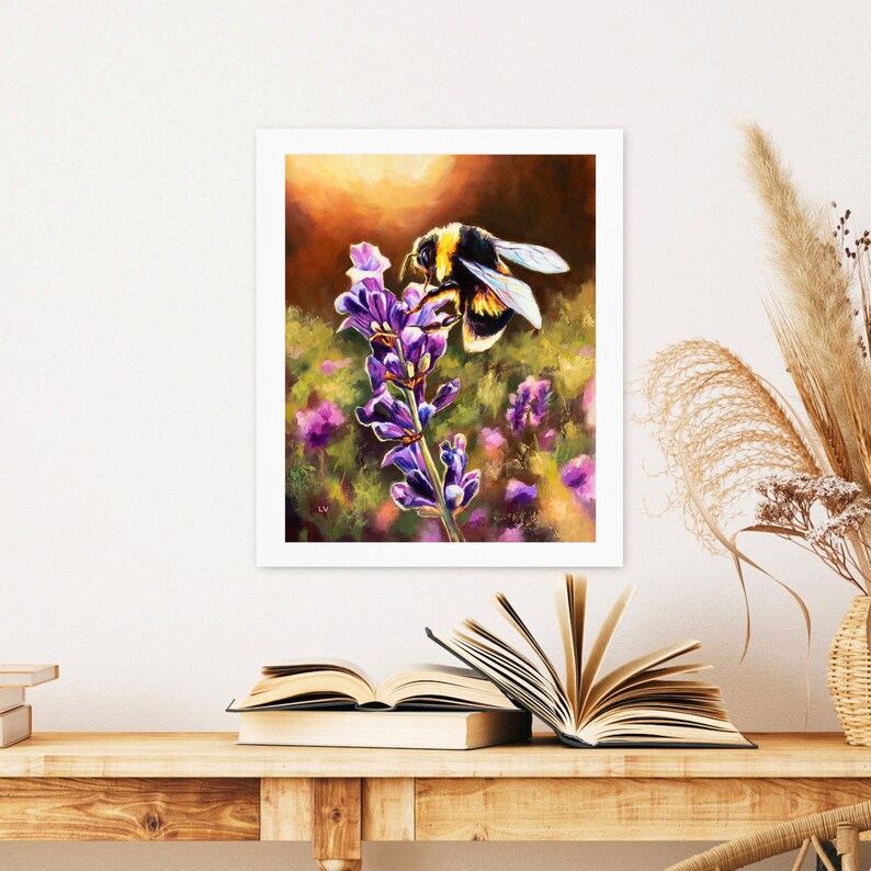 May include: A painting of a bumblebee pollinating a purple lavender flower. The bee is in focus and the background is blurred. The painting is done in a realistic style with vibrant colors.