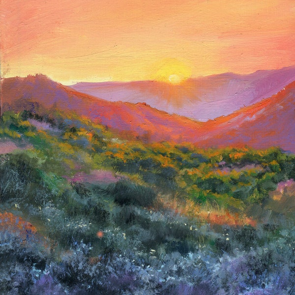 Desert mountains ORIGINAL oil painting Arizona artwork Southwest wall art framed original painting Rustic cabin wall decor Colorful sunset