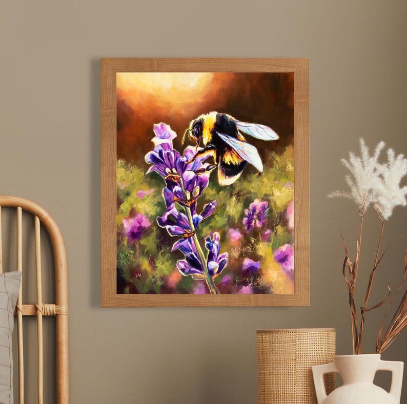 May include: A painting of a bumblebee pollinating a purple lavender flower. The bee is in focus, with the flower and a field of lavender in the background. The painting is done in a realistic style with vibrant colors.