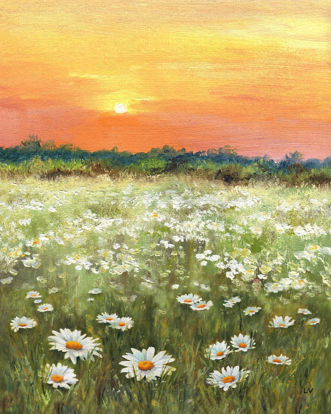 白いヒナギク畑のオリジナル絵画、春の野の花の草原、午後の日光の