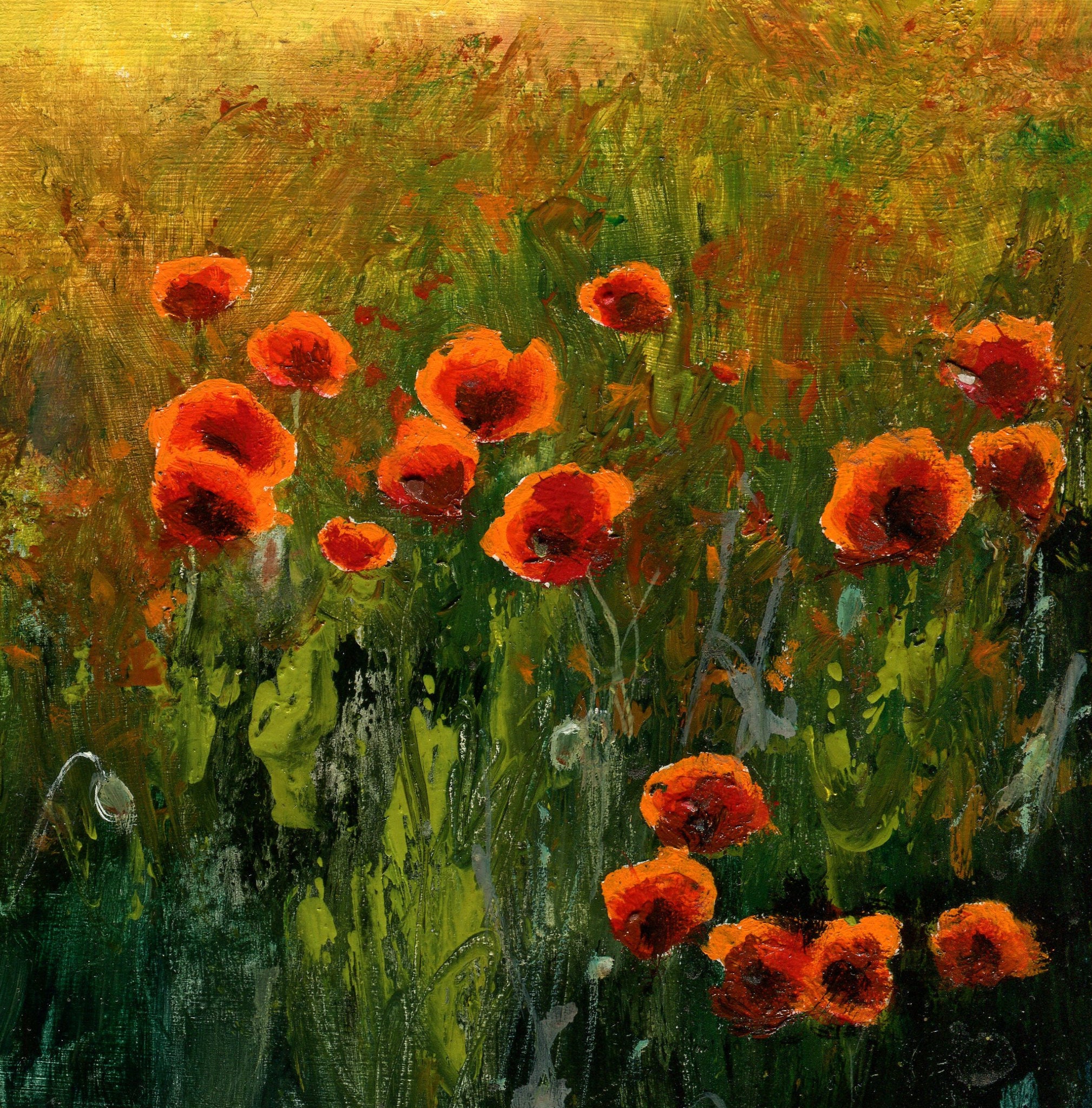 赤いポピーの絵画 手描きの野生の花畑の壁アート キャンバスに