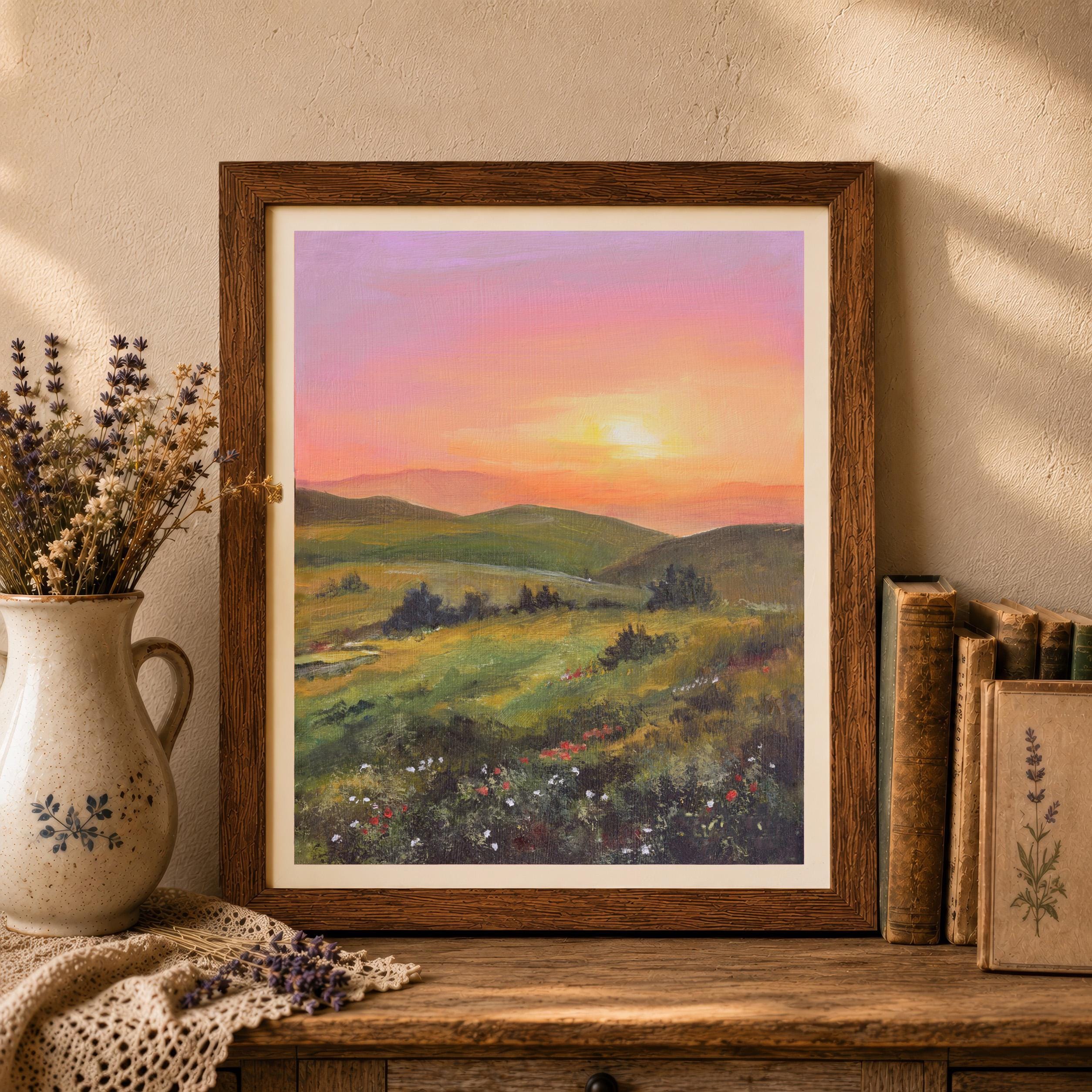 Countryside Landscape Art PRINT, Mountains Field Flowers Painting