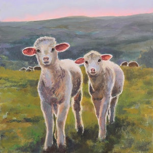 Farm animal ORIGINAL oil painting framed, Sheep painting, Baby room decor, Cute animal wall art Country children room Scottish landscape