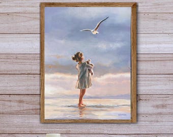 Seagull painting PRINT, Seagull girl sea art, Seaside little girl, Child whit toy painting, Little girl beach, Figurative art Nursery decor