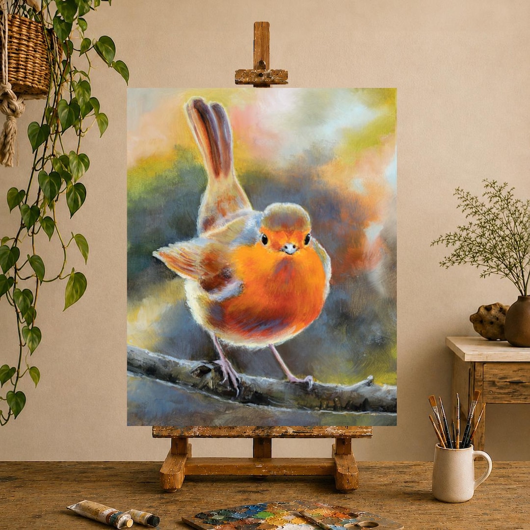 ロビンのオリジナル絵画、鳥の壁掛けアート、リアルな鳥のアート作品