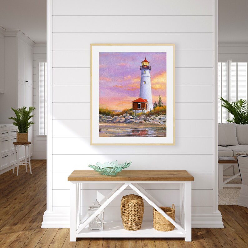 Lighthouse ORIGINAL painting, Sunset beach art framed, Crisp point lighthouse fine art, Seascape wall art Beach house decor Nautical artwork image 2