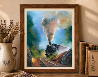 Steam locomotive PRINT, Old train wall art poster, Smoky mountains painting, Railway artwork, Boys kids room decor, Steam train lover gift