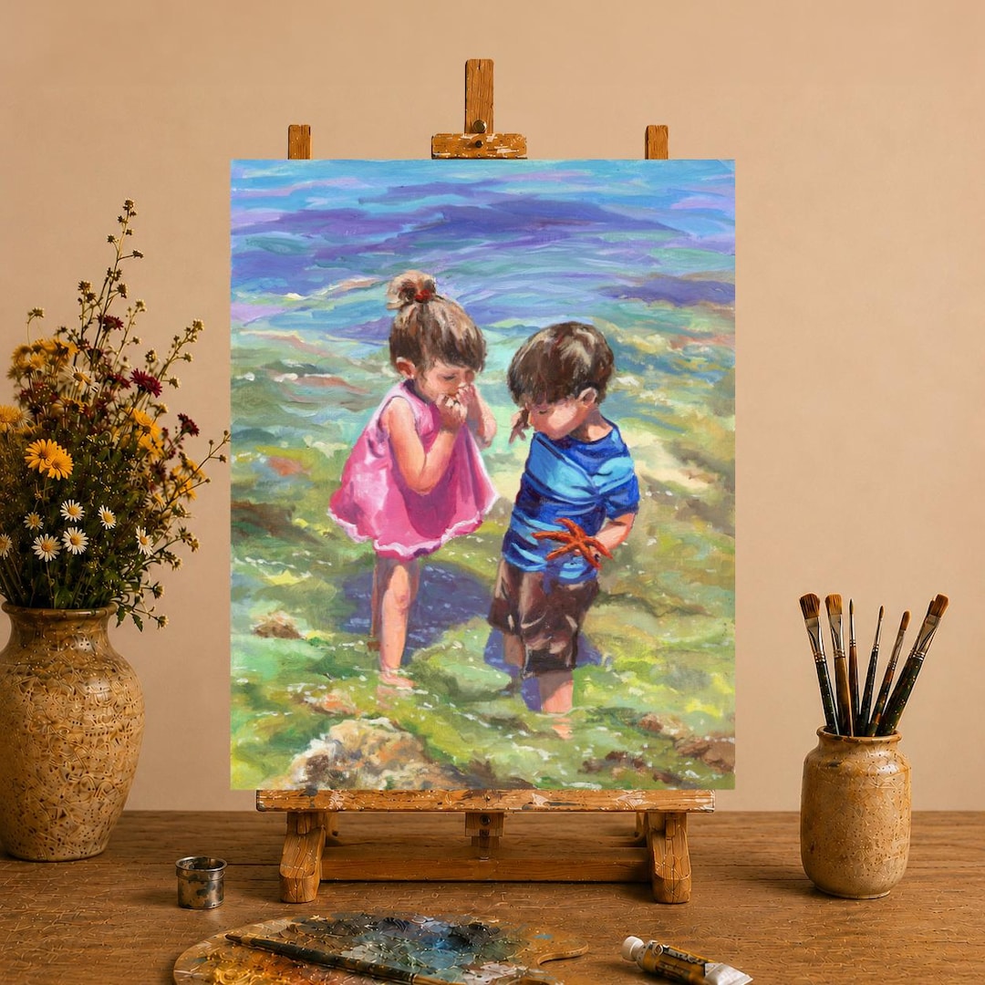 子供たちが遊ぶオリジナル油絵、夏の写実的な油絵（パネル）、感情豊か