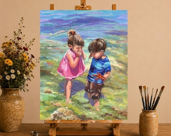子供たちが遊ぶオリジナル油絵、夏の写実的な油絵（パネル）、感情豊か