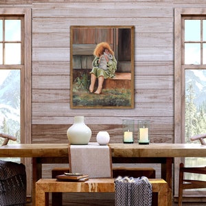 May include: A painting of a young girl in a green dress holding a white rabbit. The girl is sitting on a wooden porch with a wooden railing. The painting is framed in a gold frame.
